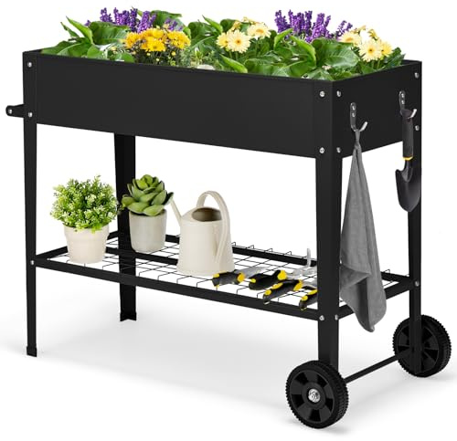 COSTWAY Hochbeet Metall, Erhöhtes Gartenbeet mit 2 Rollen & Ablage, Pflanzkasten mit Haken & Griff, Kräuterbeet Gemüsebeet groß, für Balkon Garten Terrasse, 95 x 40 x 80 cm (Schwarz)