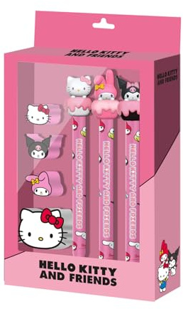 Hello Kitty Mix-Set mit 3 Ewigen Bleistiften + 3 Radiergummis + Anspitzer, Rosa, 14 x 23 cm
