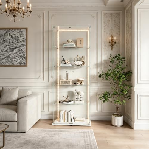 ZSSWSS Vitrine aus Glas,Ausstellungsvitrine mit 5 Glasablagen, Moderne Vitrine für Wohnzimmer mit 2 Türen und Schloss, Vitrine für Sammler,5 Etagen 2 Tür, für Sammlervitrine,Bücher und Wein,Weiß B