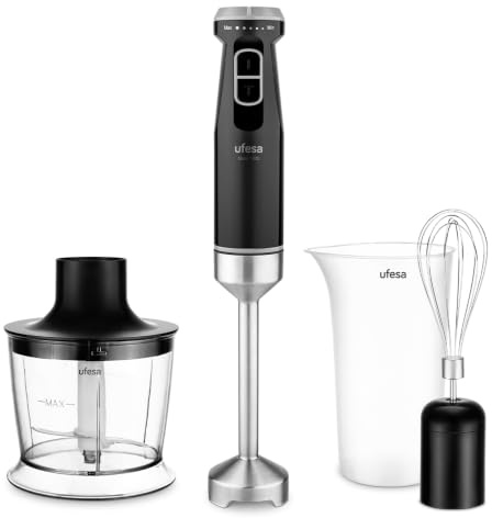 Ufesa Batidora de Mano Mars 1200W, Control Velocidad Variable, Función Turbo, 4 Cuchillas de Alta Eficacia, Acero Inoxidable, Diseño Ergonómico, Antisalpicaduras, Vaso 700ml, Picadora 500ml y Batidor