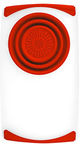 Dexas Over The Sink Poly Cutting Board with Collapsible Colander Strainer, 11.5 x 20,Natural/Red