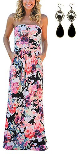 Carinacoco Femmes Bohème Longue Maxi Robe de Plage Robes Bustier été Floral Imprimé sans Bretelle Robe, avec boucles oreilles, muti-couleurs, taille S