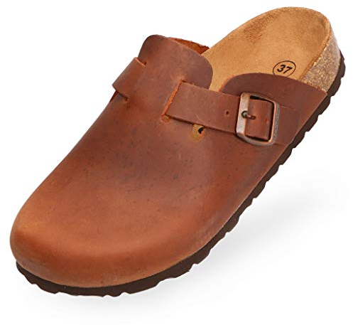 BOnova Wesel: Lederpantoffel tabak in Größe 42. Hausschuhe aus Echtleder (Nubuk), mit Kork-Fußbett, hergestellt in der EU.