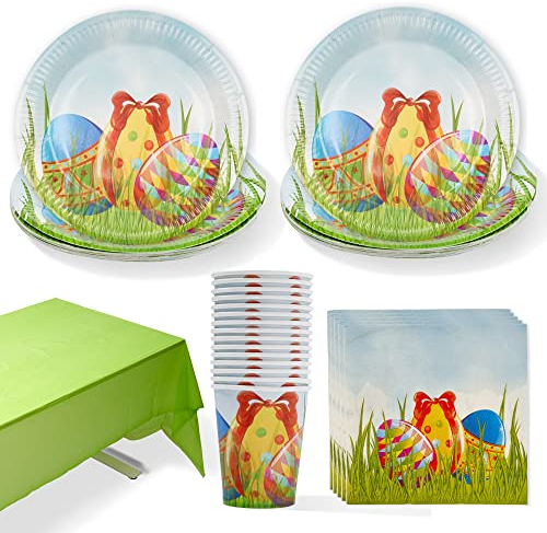 THE TWIDDLERS 61 Pcs Easter Party Tableware Set for 15 Guests - 15 Paper Plates, 15 Party Cups, 30 Napkins & a Large Tablecloth - Kids Party, Table Decoration