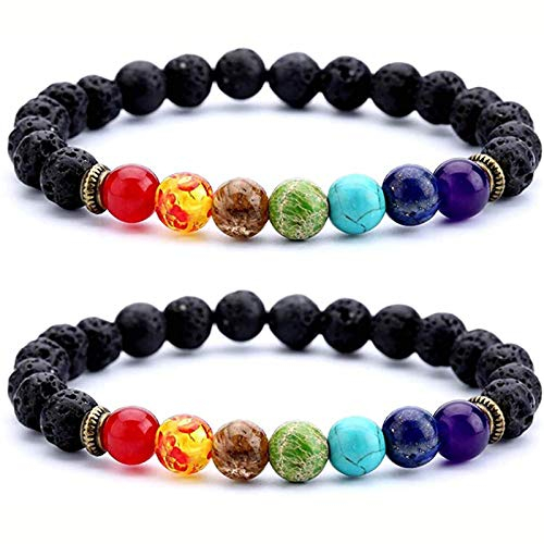 2 Stück Lava perlen Armband,Kucheed 8mm Ätherisches Öl Diffusor Obsidian Felsen Elastische Yoga Achat Perlen Armbänder,Naturstein für Meditation,Erdung,Selbstvertrauen,Aromatherapie Damen Herren