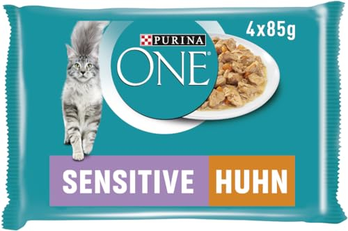 PURINA ONE Sensitive Katzenfutter Nass, zarte Stückchen in Sauce mit Huhn, 12er Pack (12 x 4 à 85g)