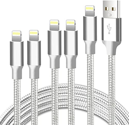 CUGUNU iPhone Charger, 5 Pack 3/3/6/6/10FT Apple MFi Certified USB Lightning Cable Nylon Braided Fast Charging Cord Compatible for iPhone 13/12/11/X/Max/8/7/6/6S/5/5S/SE/Plus/iPad - Silver