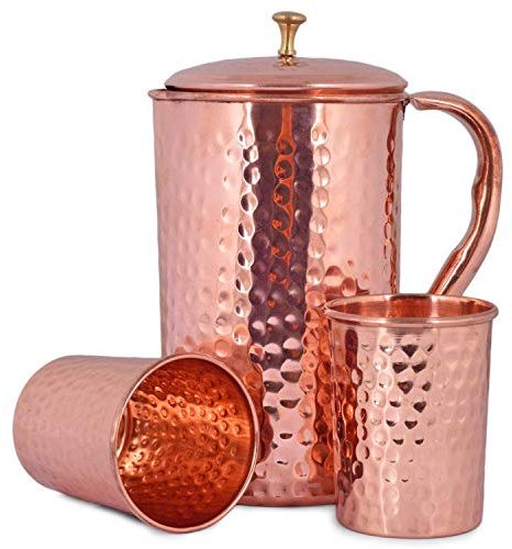 2 piezas de vasos de agua potable con 1 jarra de jarra de cobre, el gran producto de Ayurveda (martillado) 1.5 L