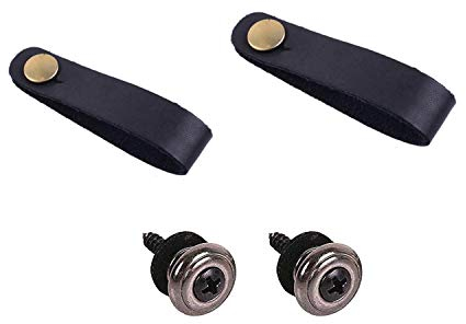 JinYu 4 Set schwarzer Leder Akustikgitarre Spindelstock Halsschlaufe Haken Knopfaufsatz und Pilzkopf Gitarrengurt Knopf Ukulelenriemen