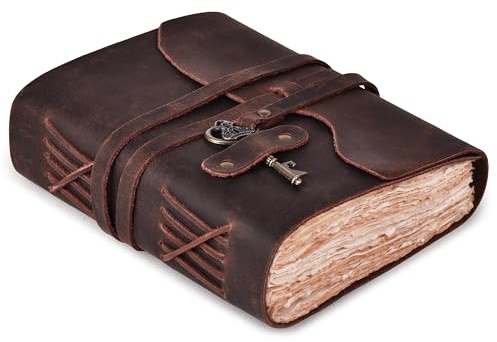 LEATHER VILLAGE Vintage Leather Journal – 200 Handmade Vintage Deckle Edge Paper – Leather bound Journal For Women Men – Brass Key Closure - Book of Shadows - Chocolate Brown - 13X8 inches | Handmade Deckle Edge paper, 200 Blank Pages , Book Of Shadows, Sketchbook, Scrapbook, Leather Journal , Chocolate Brown 13x8