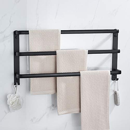 YTXWZ Handtuchstange Schwarz Matt Ohne Bohren, Handtuchhalter Dreifach 50cm mit Haken, Selbstklebendes Quadratischer Stil Handtuchständer Wandmontage50cm 20in