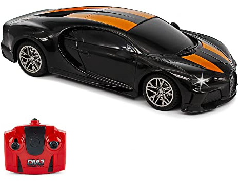 CMJ RC Cars Bugatti Chiron Offiziell Lizenziertes ferngesteuertes Auto im Maßstab 1:24 mit funktionierenden Lichtern 2.4Ghz (Schwarz/Orange)