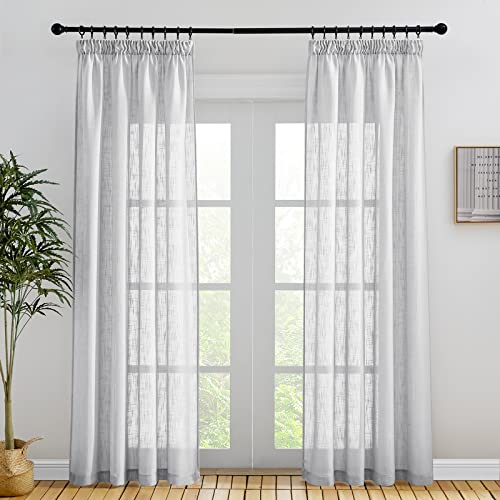 PONY DANCE Gardinen Wohnzimmer Modern 2er Set - Voile Gardinen Leinenoptik Vorhang Hellgrau Balkontür Gardinen mit Kräuselband Luftiger Vorhang Halbtransparent, H 220 x B 140 cm