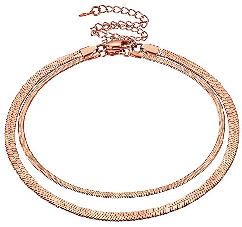 Bestyle Rose Gold Double-layer Snake Chain Necklaces for Women Stainless Steel Rose Gold Herringbone Chokers Set 3mm+5mm Women Flat Chain Necklaces