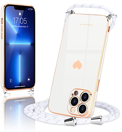Wirvyuer Handyband Kompatibel mit iPhone 13 Pro Max Handyhülle Necklace Hülle mit Band zum Umhängen Kameraschutz Liebesherz Schutzhülle mit Halsband Silikon Umhängetasche für iPhone 13 Pro Max Weiß