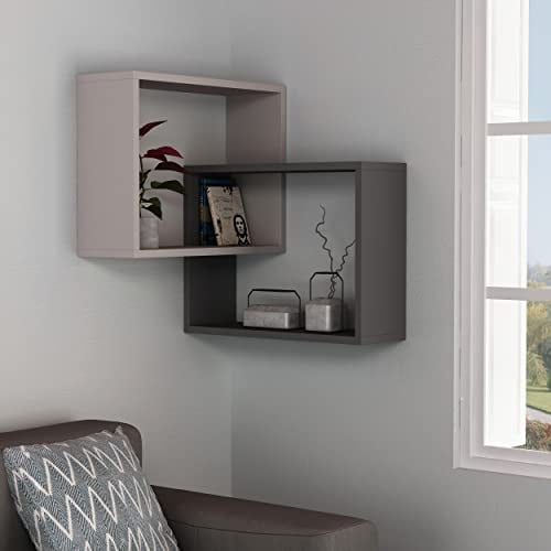 HOCUS PICUS | Ring Eckregal mit 2 Ebenen | Modernes Dekoratives Wandregal, Schweberegal, Bücherregal für Küche, Wohnzimmer, Arbeitszimmer, Schlafzimmer | 20 x 60 x 68 cm | Hell Mokka - Anthrazit