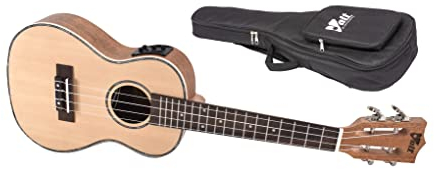VOLT Ukulele Texas EQ mit Tonabnehmer, 3-Band-EQ & Tuner; Größe: Concerto, massive Fichtendecke, Palisander Griffbrett, edle Hochglanzlackierung, Länge: ca. 610 mm, inkl. gefütterte Tasche