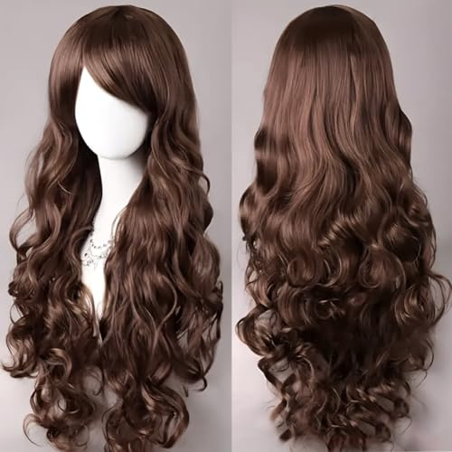 YEESHEDO Dunkel braun Cosplay Perücke für Frauen Langes Gewelltes Haar Synthetische Perücken mit Pony für Halloween Party Kostüm Anime 32 Zoll 80 cm