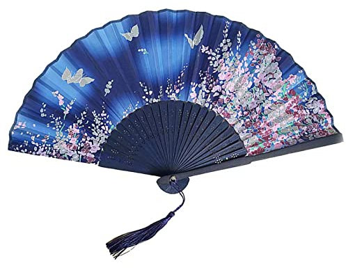 Yukiyi Handfächer für Damen, faltbar, Bambus-Fächer mit Quaste, Seidenstoff, Wanddekoration, Hochzeit, Party (Hellblau)