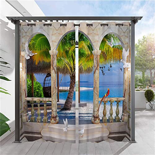 SK Studio 2 Stück Outdoor Vorhang Wetterfest Wasserdicht Sichtschutz Sonnenschutz Vorhang mit Strand-Ozean-Druckmuster für Balkon Terrasse Veranda Pergola Gartenlaube Stil 13, 150x166cm