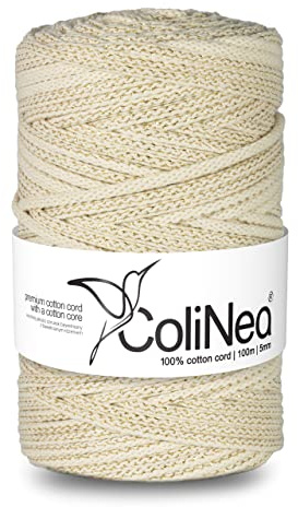 ColiNea Baumwollkordel mit Baumwollkern 5 mm 100m Baumwollgarn DIY Makramee Stricken Cotton Cord Elfenbein + Goldfaden ideal für Makramee Handwerk Baumwollseil für Basteln