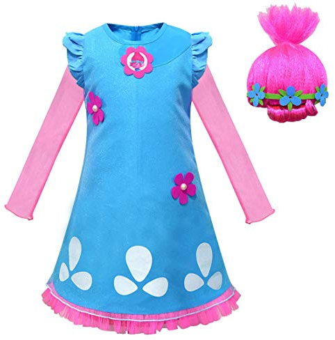 laughZuaia Kinder Mädchen Trolle Mohn Prinzessin Kostüm mit Perücke Halloween Cosplay Party Geschenke (120, Style 1)