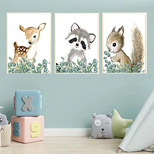 3 Dschungel Tiere Bilder 30 x 40 cm Leinwand Safari Kinderzimmer Hirsch Waschbär Eichhörnchen Poster Set Babyzimmer Kunstdrucke Kinder Jungen Geschenk ohne Rahmen