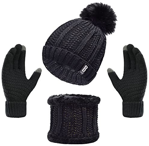 Alviller Damen-Strickmütze, Schal-Handschuhe, 3-teiliges Winter-Set mit Strickmütze, Touchscreen-Handschuhen, Rundhals-Schal für Erwachsene, Sport, Outdoor, Schwarz , One size