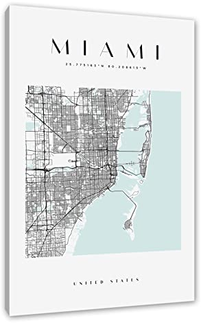 Pixxprint Stadtkarte Eckig - Miami, Größe: 100x70cm, Leinwandbild, fertig gespannt, Wandbild, Dekoration, Kunstdruck, kein Poster
