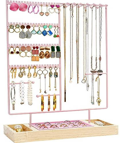 Procase Porte Bijoux Presentoir Bijoux Métal, Support Boucle d’Oreille Collier Bracelet avec Plateau en Bois, Organisateur Rangement de Bijoux -Rose