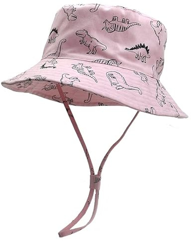 Magwave Baumwolle Sonnenhut für Kinder, Breite Krempe Dinosaurier Fischerhut mit Verstellbarem Kinnriemen, UV-Schutz Sommerhut für 0-8 Jahre Baby und Kinder (52, 2-4 Jahre, Hellrosa)