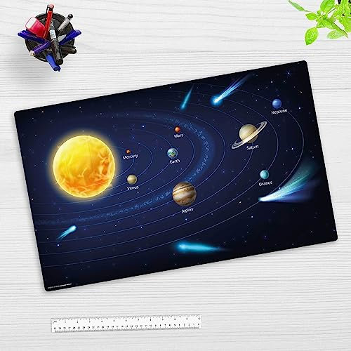 Schreibtischunterlage für Kinder - abwaschbar - Unser Sonnensystem in Englisch - aus premium Vinyl - 65 x 40 cm - Made in Germany