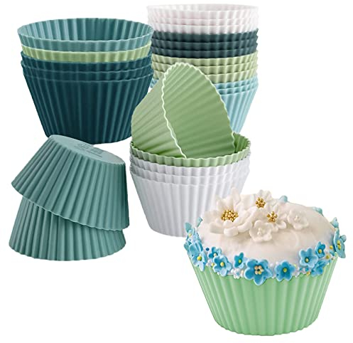Silicone Cupcake Moulds 24 Pcs, Non Stick Reusable Muffin Liners, Silicone Muffin Cupcake Moulds, Baking Cups for Cake, Cupcake Molds, for Cake, Pudding, Cream, 4 Colors