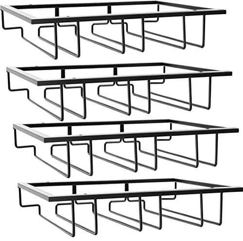 TIKTALK 4 Pcs Black Metal Wall Wine Glass Rack - 3 Rows, Hanging Under Shelf Holder