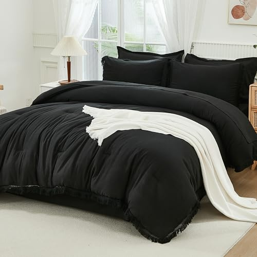 Andency Schwarzes Bettwäsche-Set für King-Size-Betten mit Laken – 7-teiliges Boho-Quastenbett in Einer Tasche, weiche, leichte Bettwäsche-Sets, Schwarze Fransen-Bettwäsche-Set mit Bettdecke, Laken,