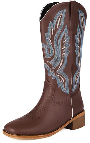 MJIASIAWA Donna Classico Knee Square Toe Stivali Western Largo Fit Inverno Esteriore Senza Chiusura Moda Block Tacco Medio Western Booty Marrone Numero 36 Eu