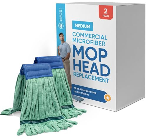 Commercial Mop Head Replacement – 2 Pack Medium Green Microfiber Tube Mop | Industrial Wet Mops | Refill Heads, Machine Washable, Heavy Duty | Hardwood, Tile, Laminate, Vinyl Floors
