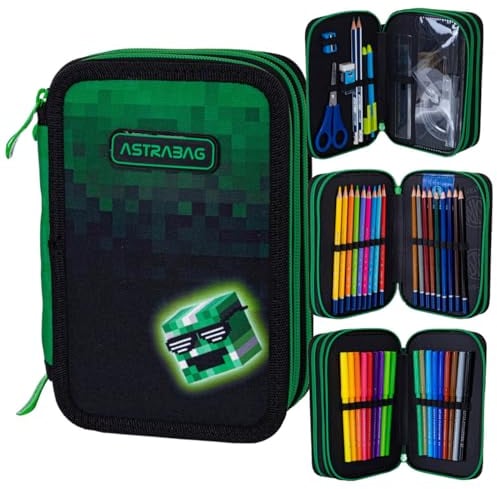 ASTRABAG Pixel Hero 3-Fach Mäppchen Federmappe Gefüllt dreifaches Federmäppchen, Schüleretui 3-stöckig Jungen, Federtasche XXL, Federmäppchen mit Zubehör, Motiv - Game