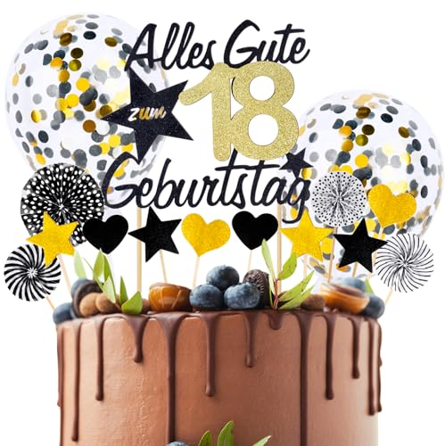 BETESSIN Torten Deko 18 Geburtstag Alles Gute zum Geburtstag 18 Jahre Happy 18th Birthday mit Ballon Herze Sterne Cake Topper Kuchen Topper Kuchendeko 18 Geburstagstorte Gold Schwarz Frauen Männer