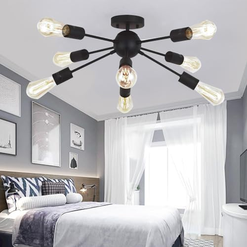 Mengjay Kronleuchter Vintage, Modern Deckenlampe Wohnzimmer, E27 Fassung Wohnzimmerlampe Industrial Kronleuchter Deckenleuchte Lampe für Schlafzimmer Küche Esszimmer Flur (Schwarz, 8xFlammige)