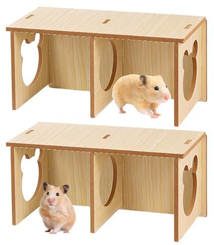 2 Stück Hamster Haus, Meerschweinchen Haus, Hamster Versteck Holz (25x11.5 x11.5cm), Hamster Eckhaus, Holz Hamsterhaus, Mehrkammernhaus, DIY Käfig Dekor Zubehör für Zwerghamster, Rennmäuse, Degus