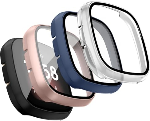 Vancle für Fitbit Versa 3 Hülle,4Stück Vollständige Abdeckung Schutzfolie Hard PC Schutz Displayschutz Folie Gehäuse für Fitbit Sense(Schwarz/Roségold/Blau/Transparent)
