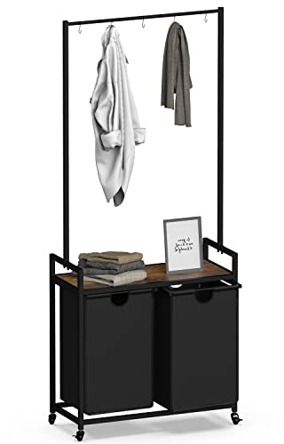 VEDECASA Wäschekorb 2 Fächer, Wäschekorb mit Ablagefläche und herausziehbaren Säcken, Wäschewagen mit Rollen, Wäschesack aus Oxford-Gewebe Metallrahmen für Waschküche Badezimmer Wohnheim Schwarz