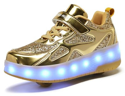 Mateju Schuhe mit Rollen für Jungen Mädchen Kinder Rollschuhe Schuhe mit 2 Rollen, 2 in 1 Turnschuhe Versenkbarer, Damen Herren Roller Schuhe Turnschuhe Skateboardschuhe 34 EU Gold