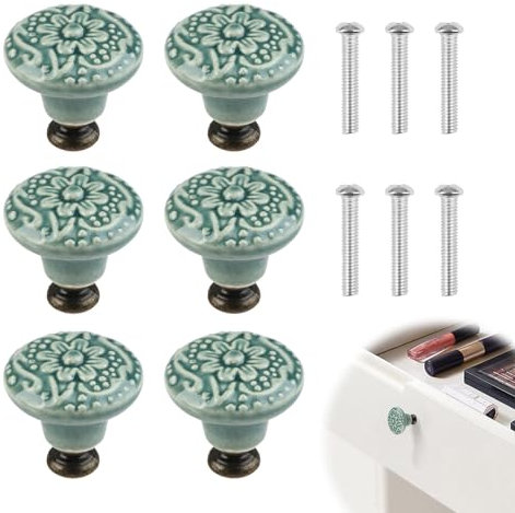 Ceramic Drawer Knobs, 6 Pcs 31x34mm Retro Pattern Ball Shape Handles with Mounting Screws, Lovely Cyan Green Door Pull Knob for Home Drawer Dresser Wardrobe Cupboard