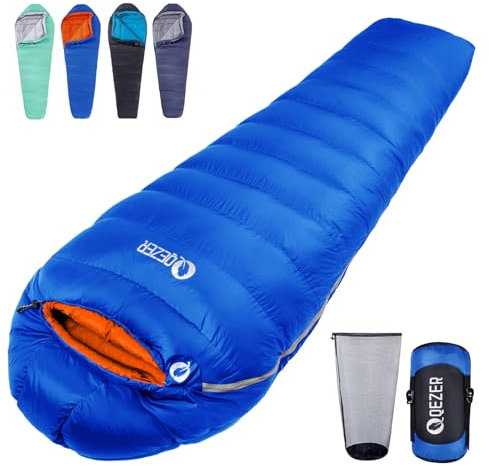 QEZER Daunenschlafsack Winter Daunen Schlafsack Outdoor 0°C bis -23°C für Erwachsener und Kind Alle Jhreszeiten Camping (Saphirblau -8°C)