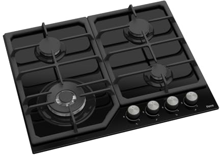 Ferre SA025/W - 60cm Built-in Gas Hob - 4 Burners - Wok Burner - Black Glass - Cast Iron Pan Supports