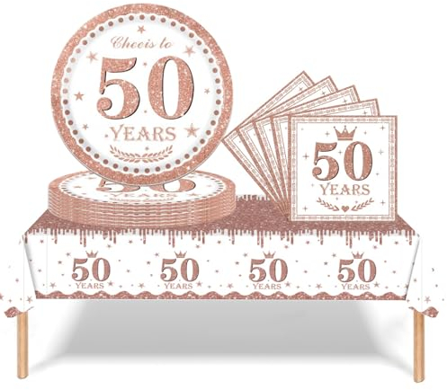 37Pcs 50th Birthday Tableware Set Rose and Gold,50th Birthday Decorations with Party Paper Plates and Napkins,Plastic Table Cloth for Her Women Happybirthday Table Decoration Dinnerware Supplies