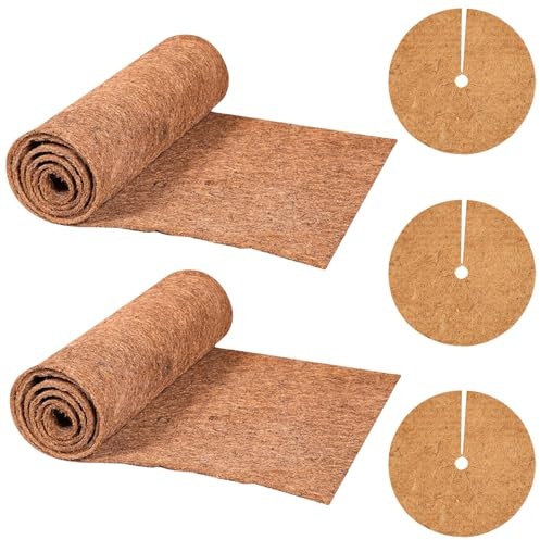 GOEDCH 5 Stück Kokosmatte: 2 Rollen Kokosfasern Pad (1m×30cm/Rolle), 3 Stück Kokos Mulchscheibe, Kokosscheibe Kübelabdeckung Rund, Pflanzenschutzmatte, Kokosscheibe für Kälteschutz, Frostschutz