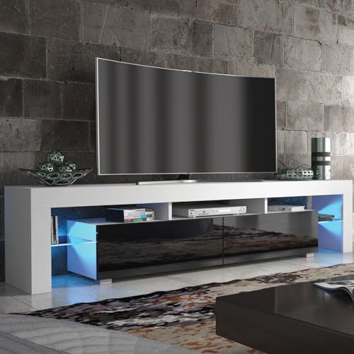 Creative Furniture TV Unit 200cm White Modern Stand Black Gloss Doors + LED